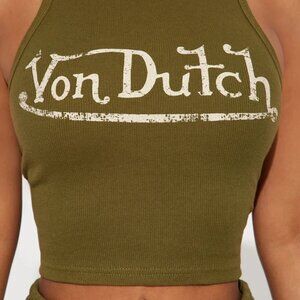 Von Dutch Graphic Ribbed Tank Top Women's Size Large Olive Green